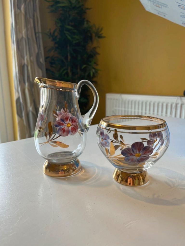 Vintage hand-painted glass creamer and sugar set