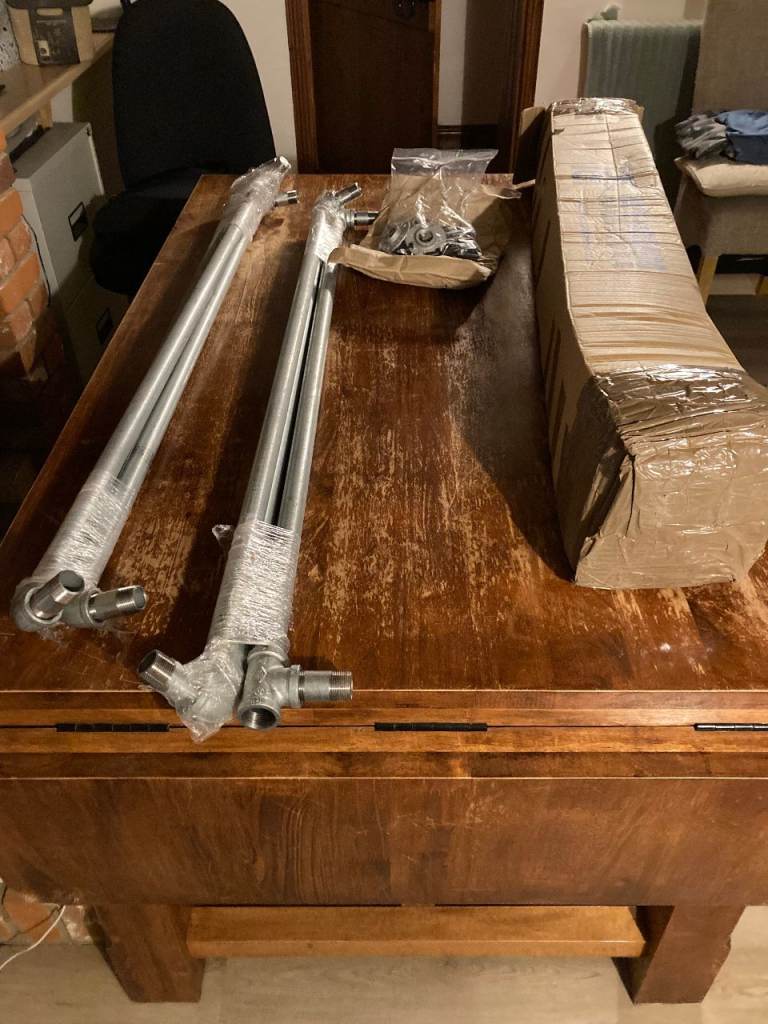 Vintage silver industrial pipe curtain pole/tension rod and bracket set