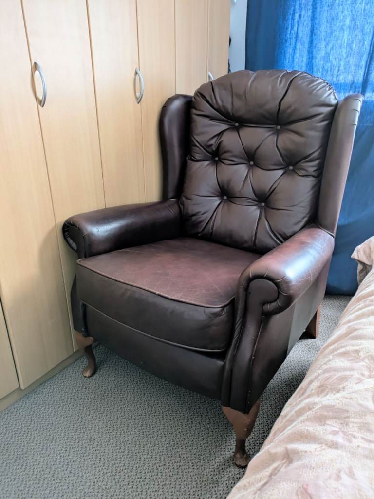 image for Lyton Leather Fireside Chair Winged back Armchair Queen Anne legs