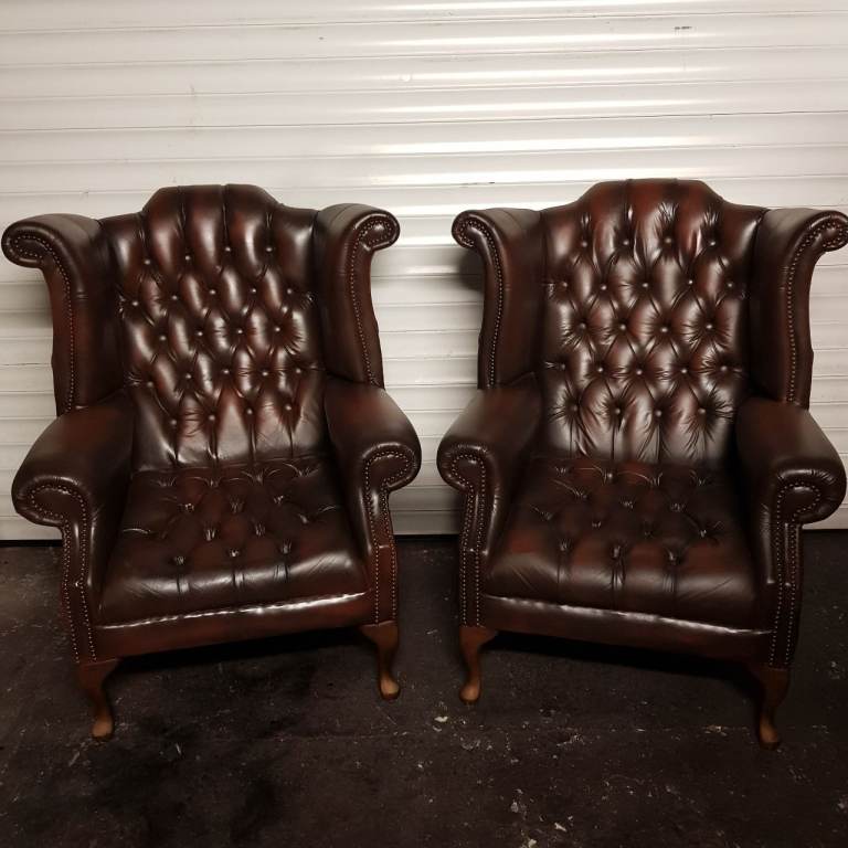 MATCHING PAIR Brown Leather Chesterfield QUEEN ANNE Winged Back Chairs -Stud det