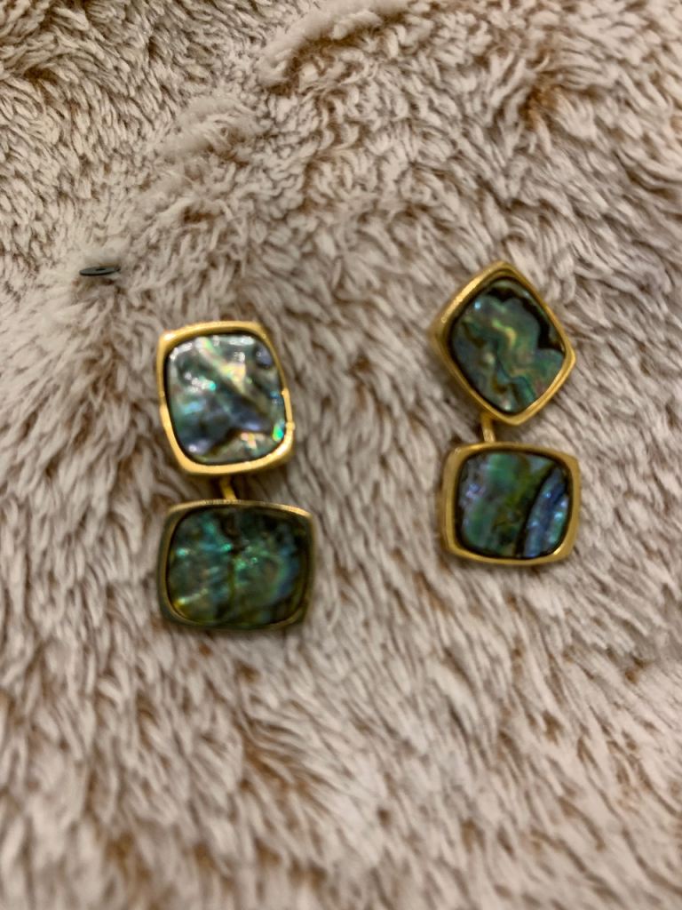 Gold Tone Drop Earrings with Abalone Shell Inlay – Good Condition