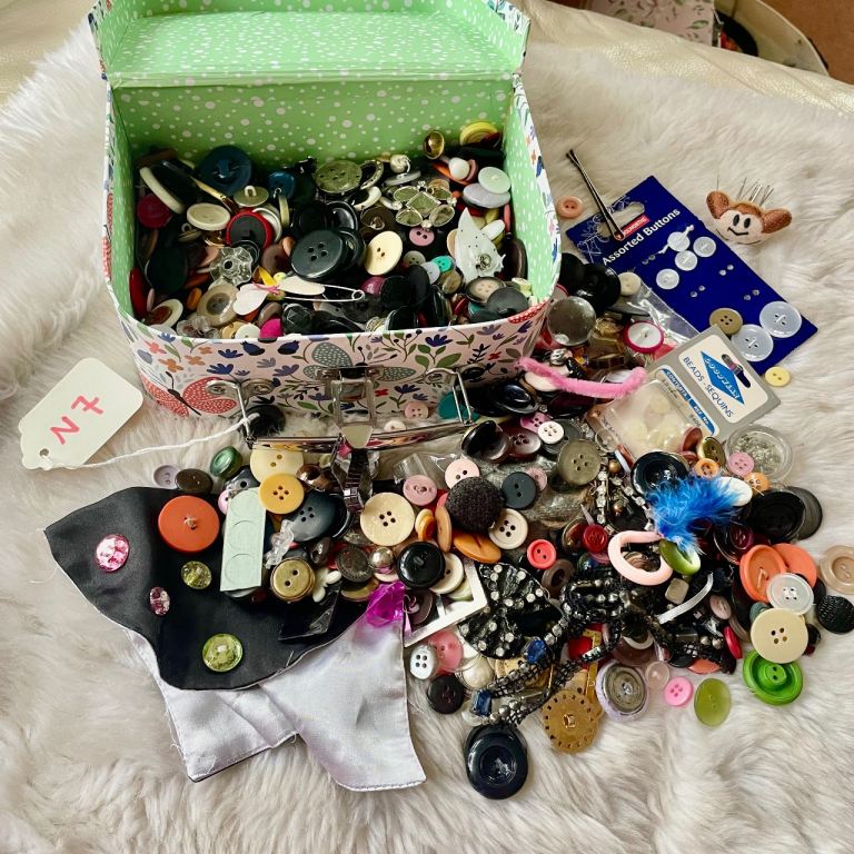 Haberdashery Button Sewing Materials Destash in Mini Cardboard Suitcase 