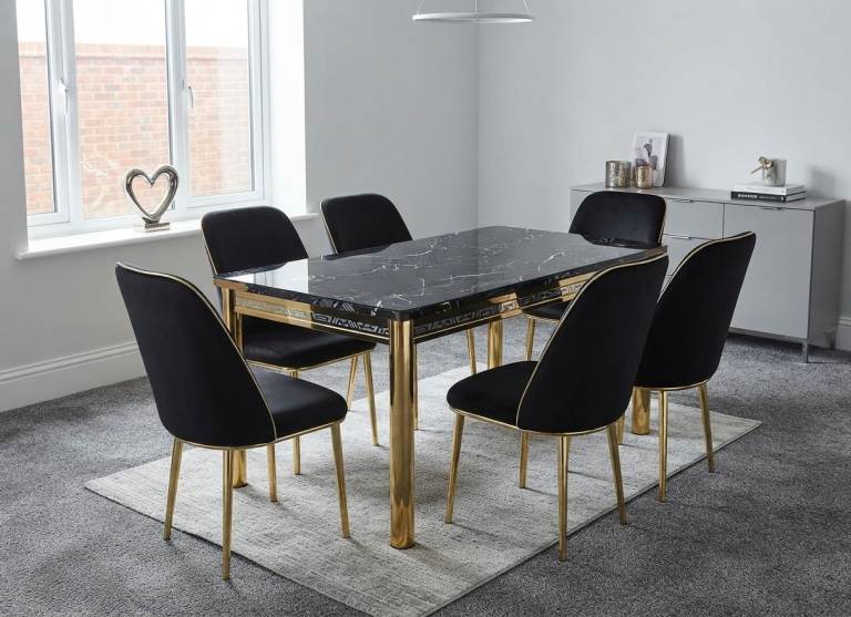 Gold Dining Table with 6 Yellow Velvet Chairs