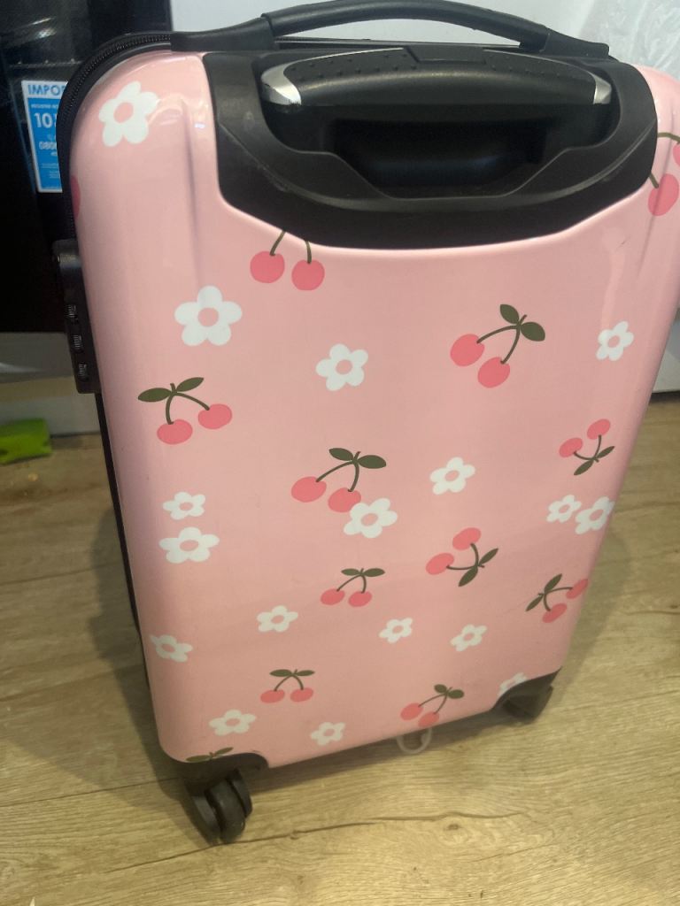 Pink Cherry Pattern Suitcase – Good Condition, Kids Travel Luggage