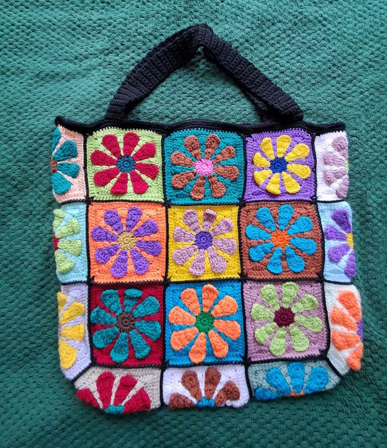 NEW! Handmade Crochet Retro Hippie Boho Style Daisy Flower Granny Square Bag
