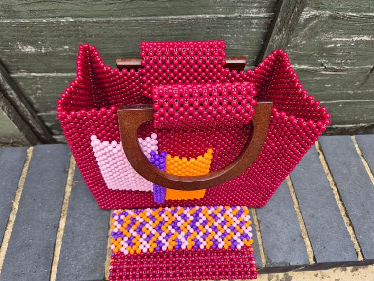 Brand New Red Acrylic Bead handbag and purse, handmade in Ghana
