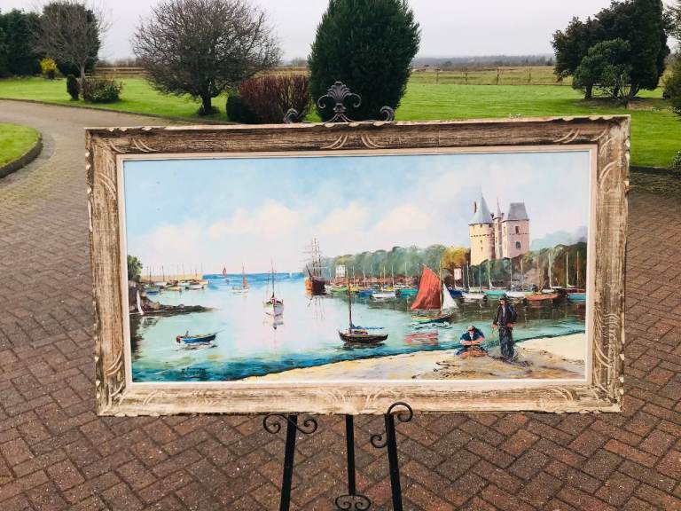 Large Hand-Painted Vintage Coastal Oil Painting – Signed “R. Korotte” – 135 × 74 cm