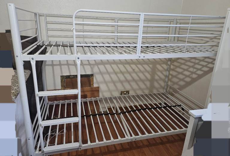 Bunk bed with mattresses, metal frame