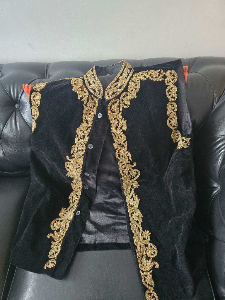 Black Mens Velvet Jacket/ Waist coat  with Gold Embroidery – Very Good Condition