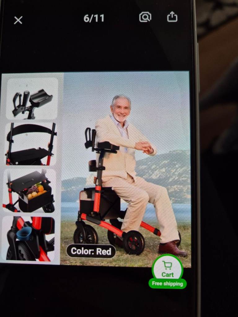 Mobility Walker frame. 4 wheel. Folds easily. Has arm rests, bag and seat