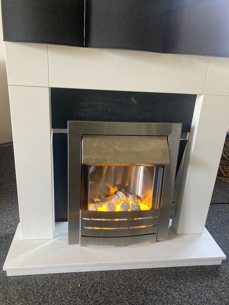 Electric Fireplace with White Surround and Black Inlay
