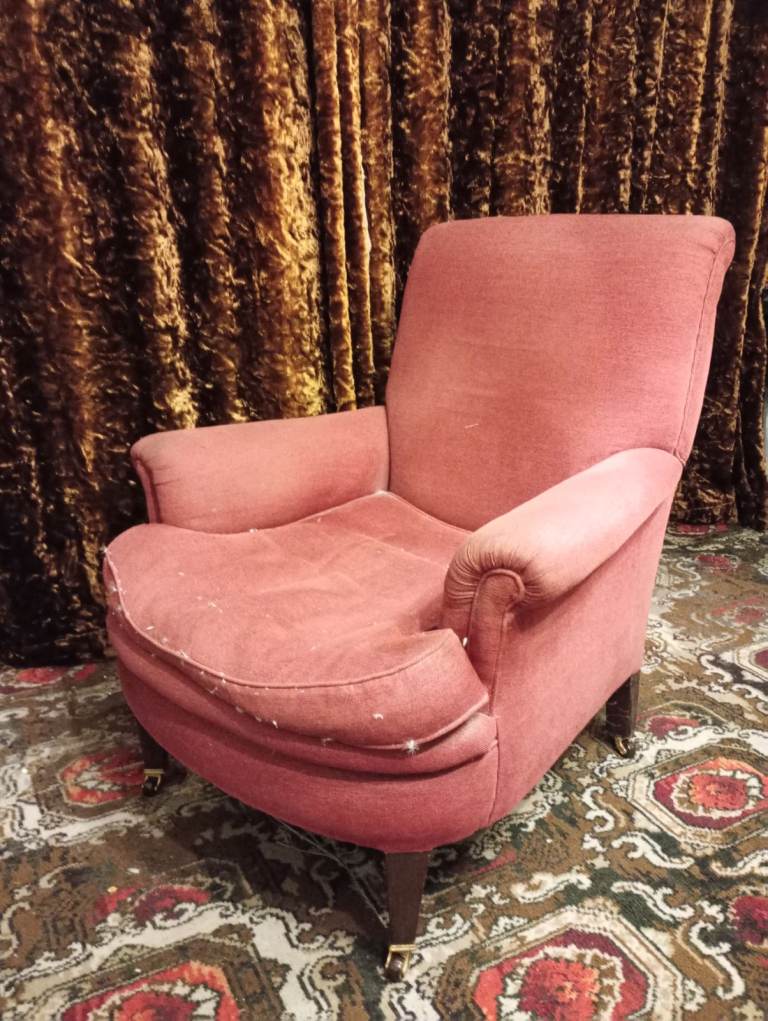 image for Vintage Armchair feather filled cushion brass casters reupholstery project