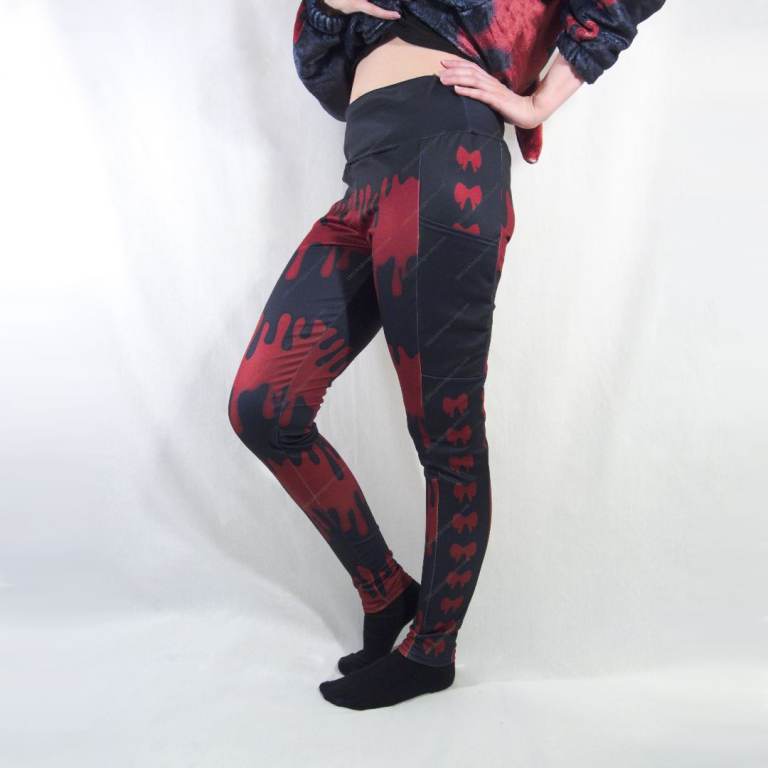 Vamp Goth Pocket Leggings: Red Black Drip High Waisted Pants: Size L