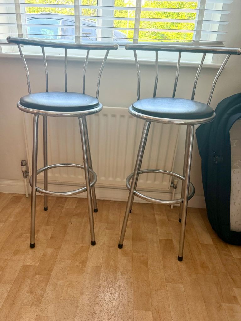 Pair of Chrome Bar Stools with Black Seats. 