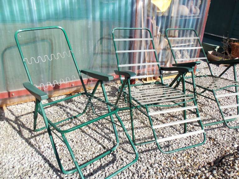 Three folding garden chairs, frames only