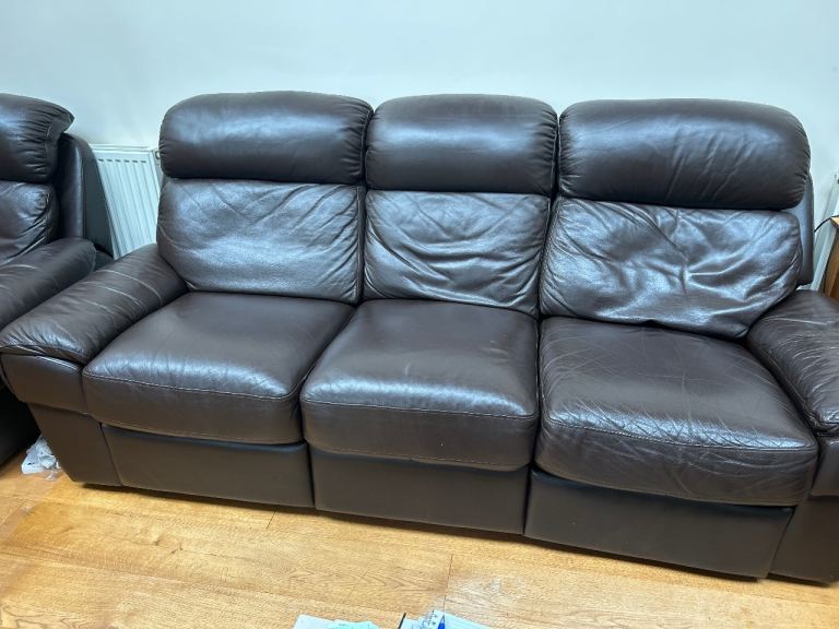 Reduced Brown Leather Sofa Set - 3 Seater and 2 x2 Seater, Good Condition
