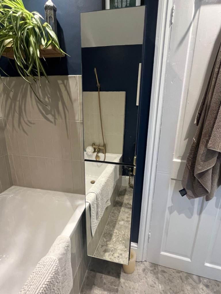 image for Arezzo Matt Grey Mirrored Wall Hung Tall Storage Cabinet with Brushed Brass Handles