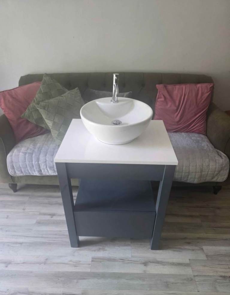 Modern White Ceramic Basin with Grey Vanity Unit and Tap