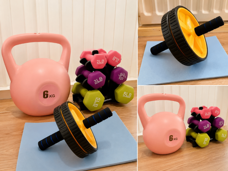 Home Gym Weights Set Bundle – Kettlebell, Dumbbells & Ab Roller With knee mat