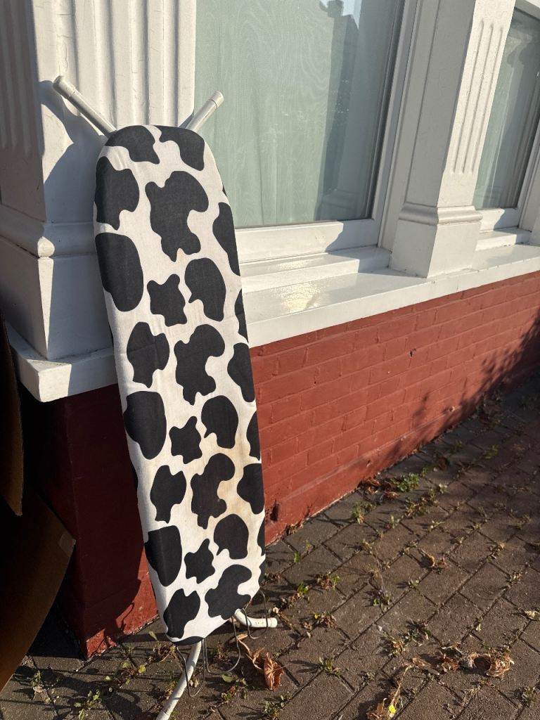 Ironing Board with Funky Cow Print Cover – Good Condition