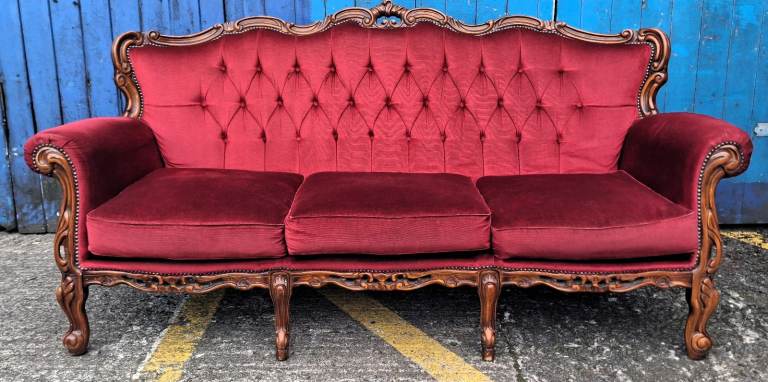 Vintage Rococo Style Red 3 Seater Sofa