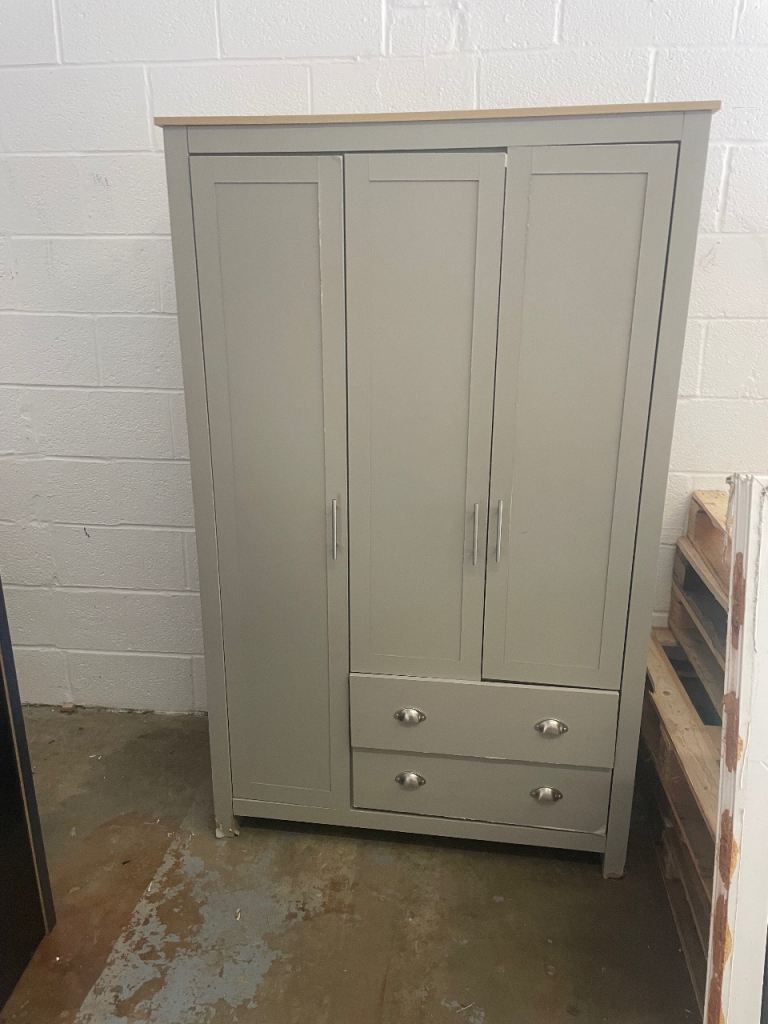 Three-Door Wardrobe with Drawers – Grey with Wood Top