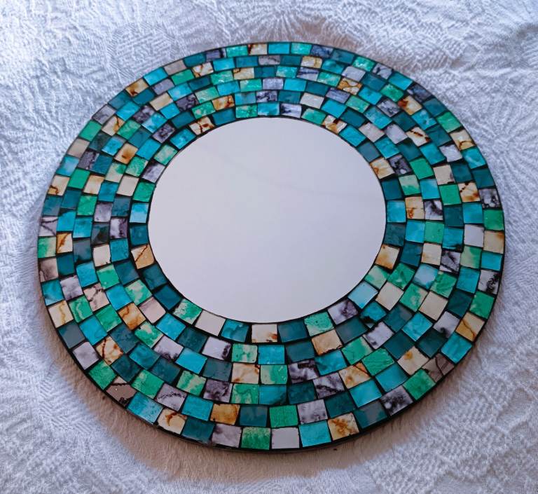 New Mosaic Glass Mirror Round Peacock Blue Gold Amber Turquoise Silver 40cm Diameter Black Velvet 