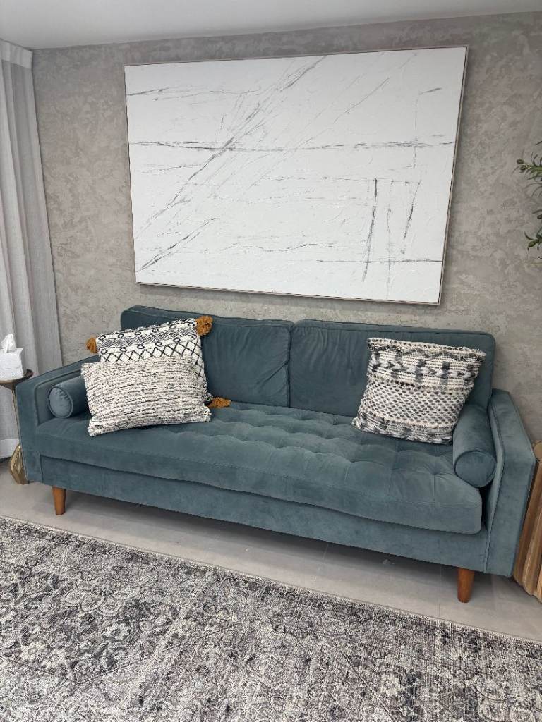 Teal Velvet 3 Seater Sofa Couch – Mid Century Modern Lounge 205cm