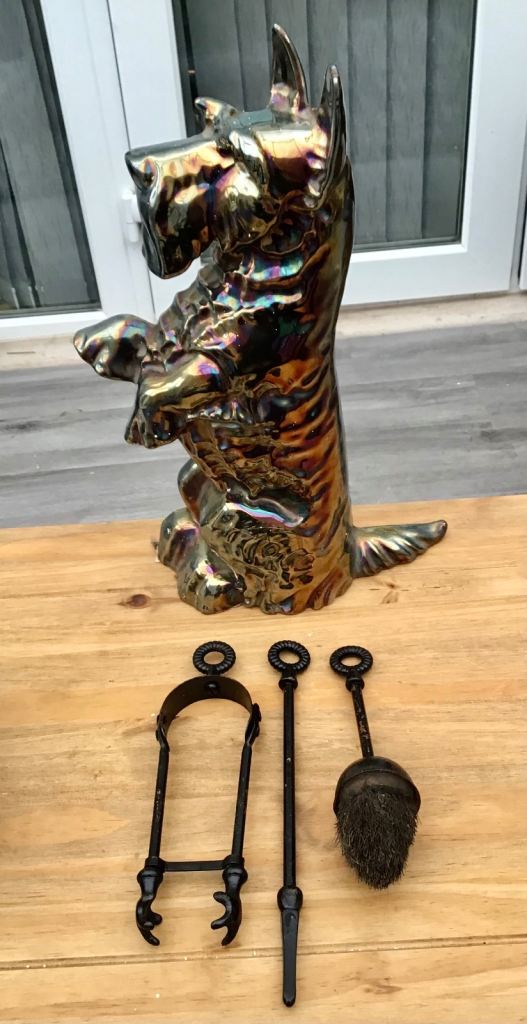 ANTIQUE 1930'S CAST IRON SCOTTISH TERRIER DOG FIRESIDE COMPANION SET