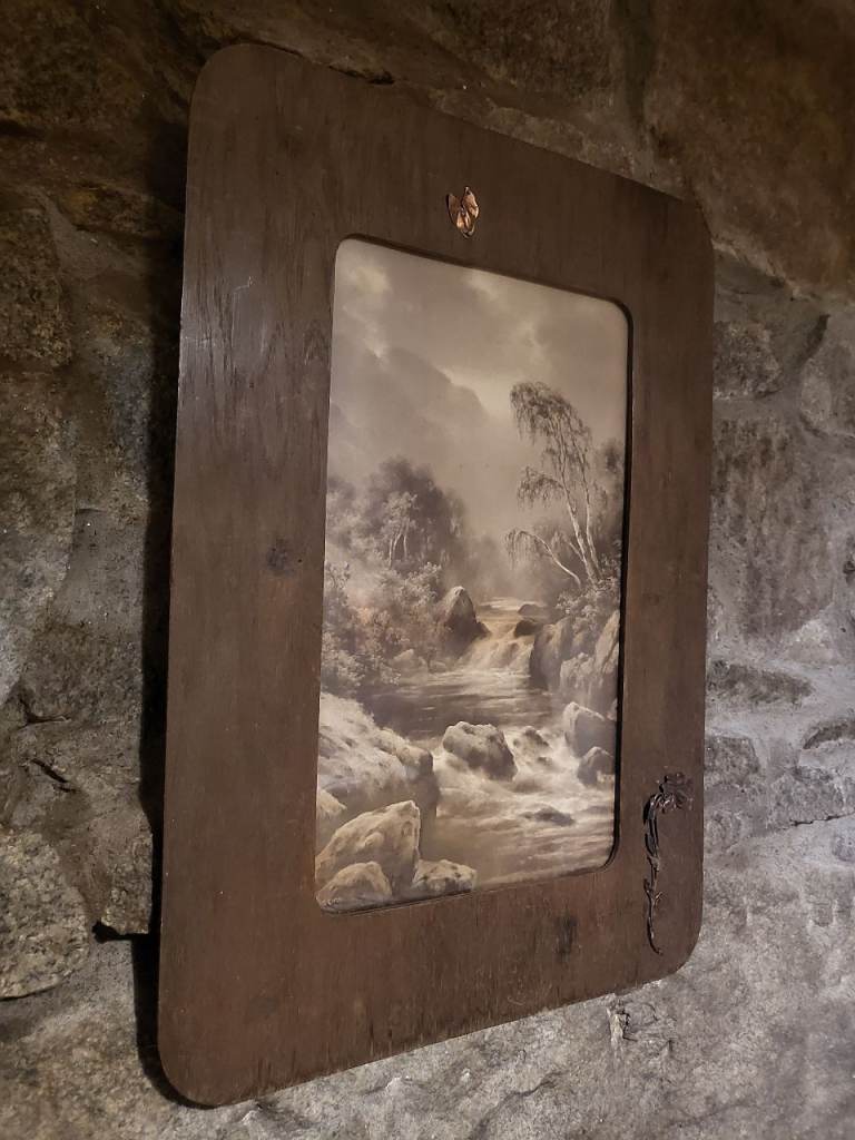 Antique/Vintage Keemer signed River Landscape in a copper embellished Wooden Frame 