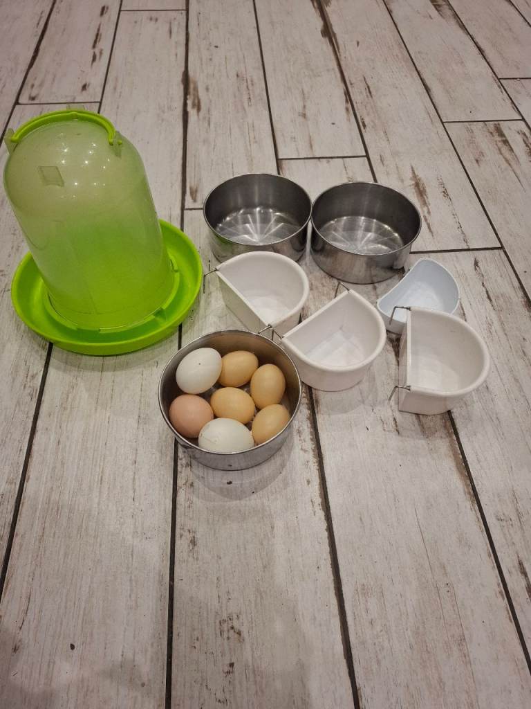 Chicken supplies bundle, water drinker, feed pots, fake eggs, 3x metal bowls 