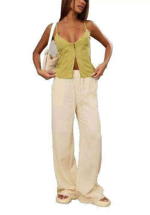 image for Light Cream Beige Summer Drawstring Ties Palazzo Trousers Pants.Size 8.POST OR COLLECT!