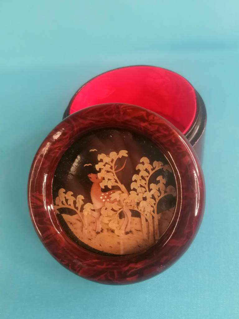 Chinese Round Red Lacquered Lidded Pots with Carved Cork Diorama.
