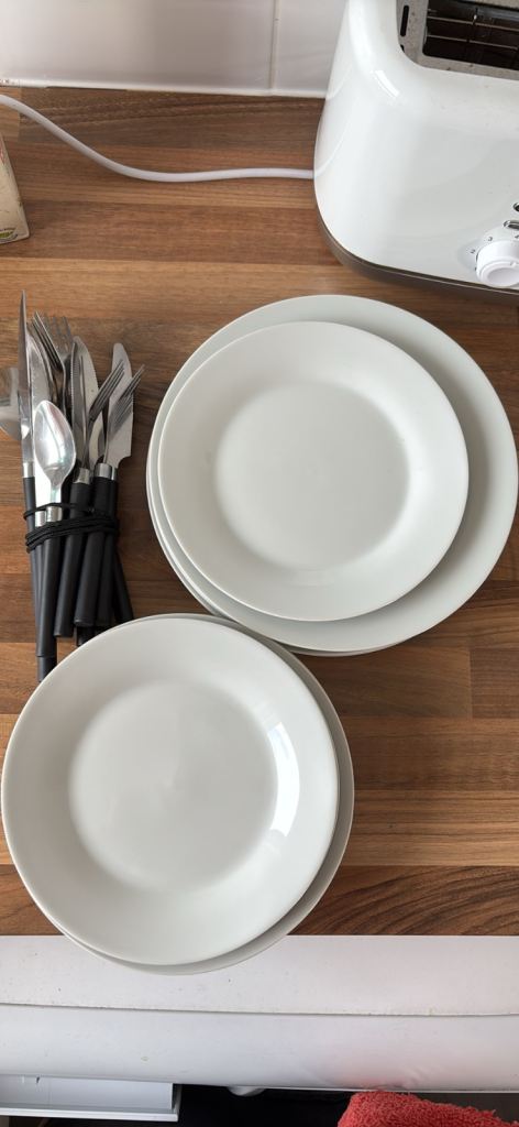 White Dinner Plates and Cutlery Set – Good Condition