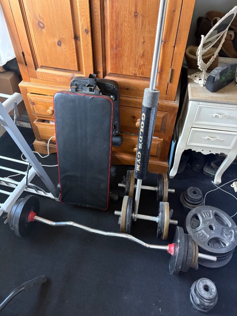 Bench, bars, weighted vest and Various Weight Plates