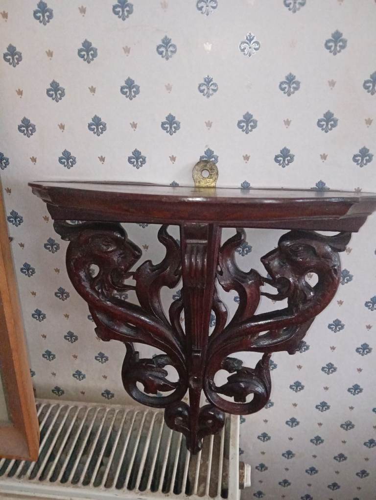 Carved Wooden Wall Shelf with Gargoyle Detail
