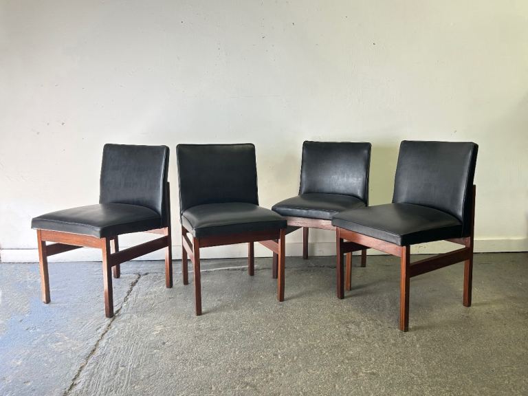 Set Four Mid-century Vanson Peter Hayward Teak Dining Chairs Original Black ‘Skai’ vinyl 1960s