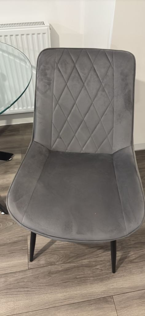 Modern Glass Dining Table with Grey Velvet Chairs – Excellent Condition