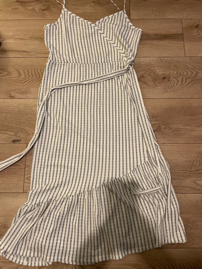 Striped Summer Wrap Dress – White & Grey, Good Condition