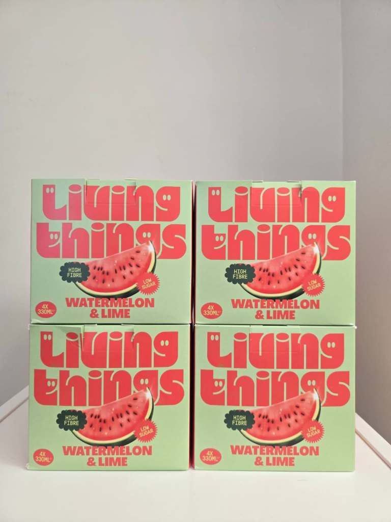 16 Cans (4 Boxes) Living Things Watermelon & Lime Soda - New (BBD 02/2027)