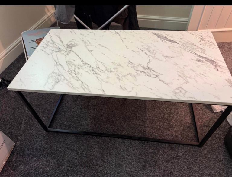 Stylish Marble Effect Coffee Table with Black Metal Frame