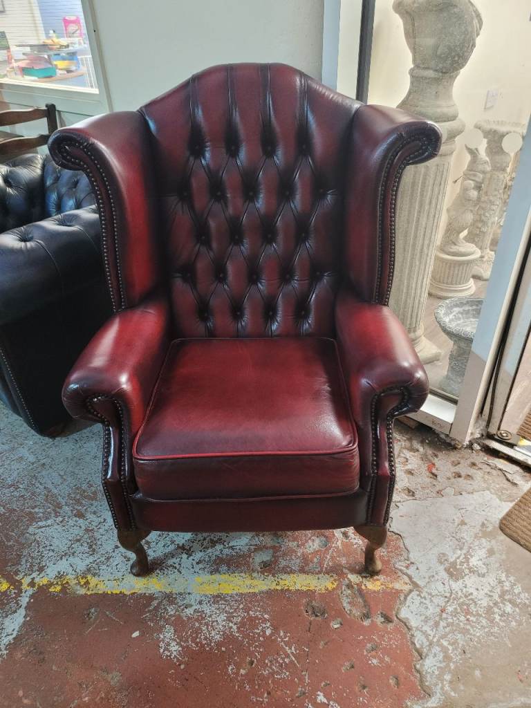 Wingback Armchair – Red Leather, Good Condition