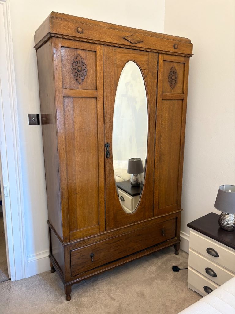 Solid Wood Wardrobe with Mirror and Drawer