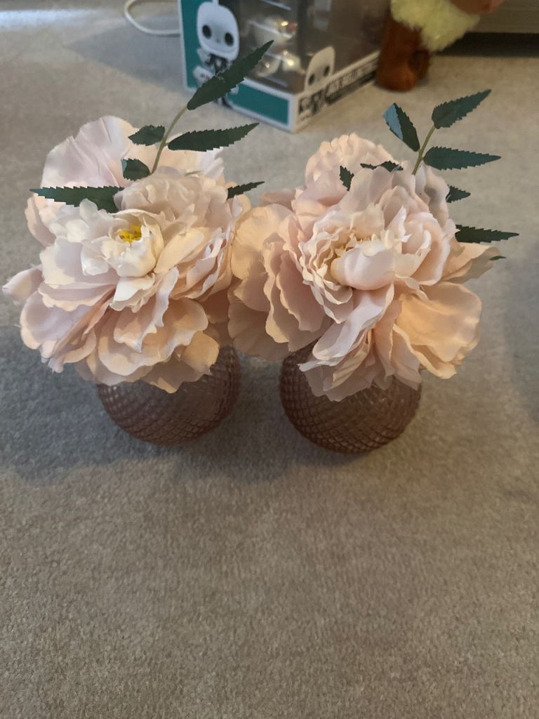 Pair of Pink Artificial Peonies in Patterned Glass Vases