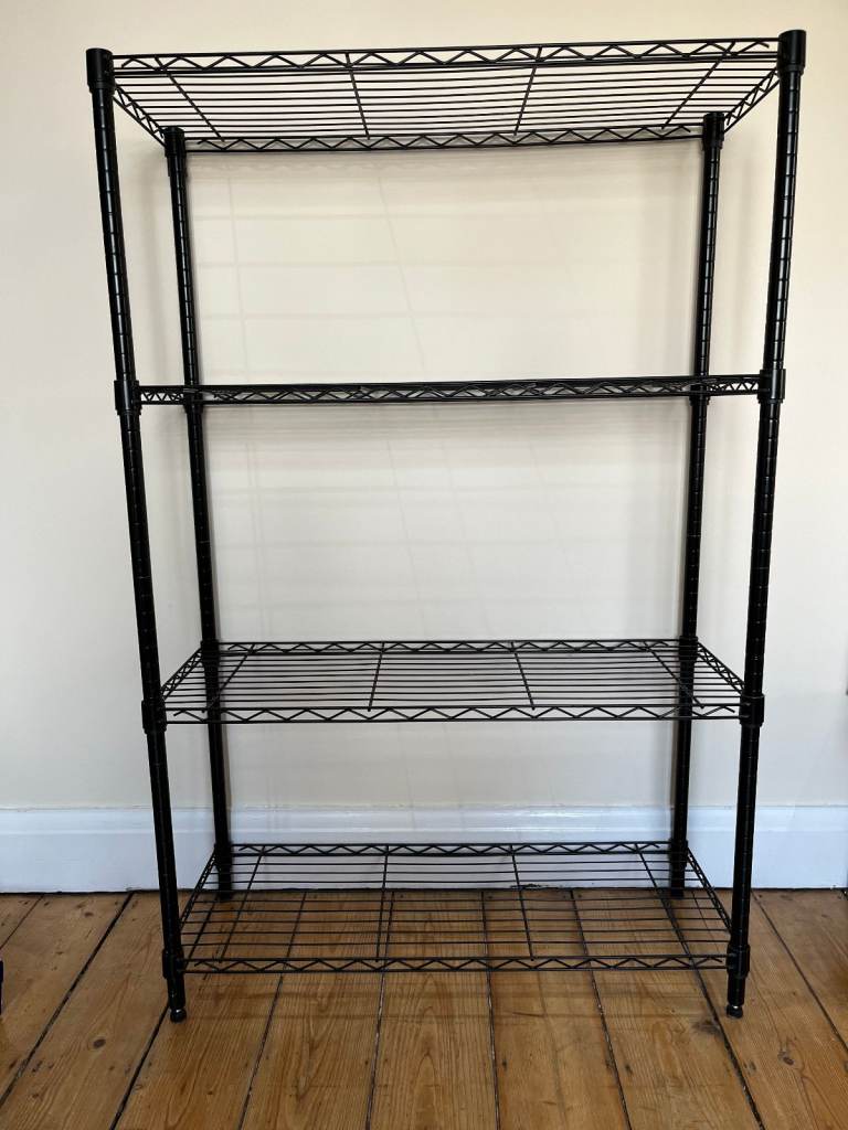 Black metal shelves