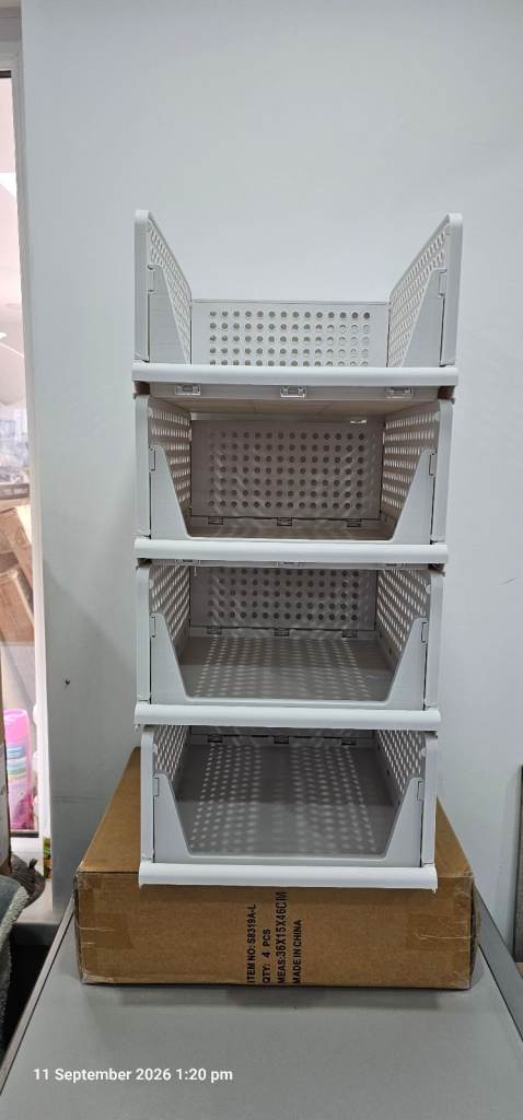 New White Plastic Stackable Storage Baskets - 4 Tiers