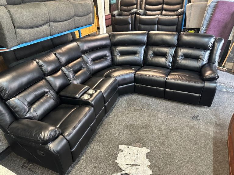 NEW EX DISPLAY DIPLEY LEATHER BLACK DOUBLE RECLINER CORNER GROUP SOFA UPTO 65% OFF RRP