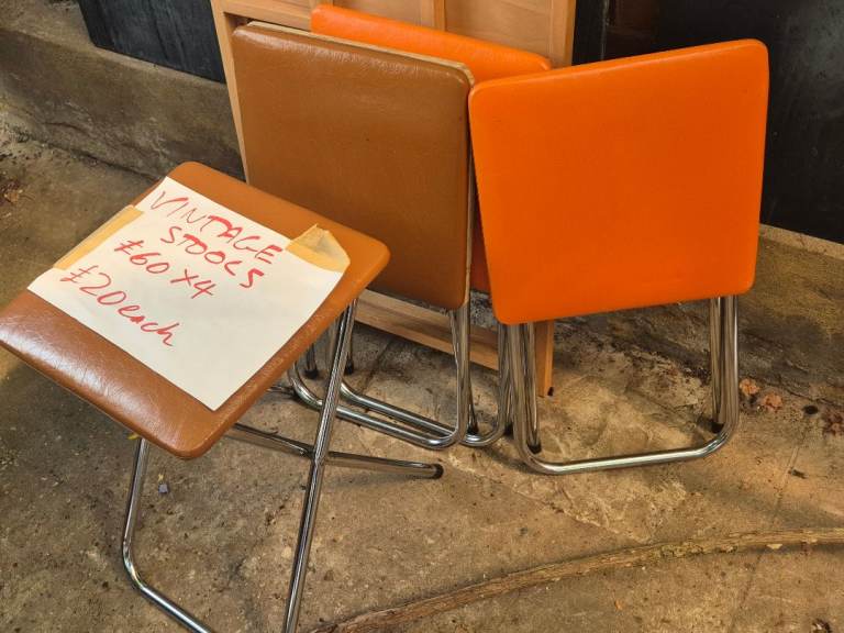 Vintage Stools - Brown and Orange Faux Leather, Chrome Legs