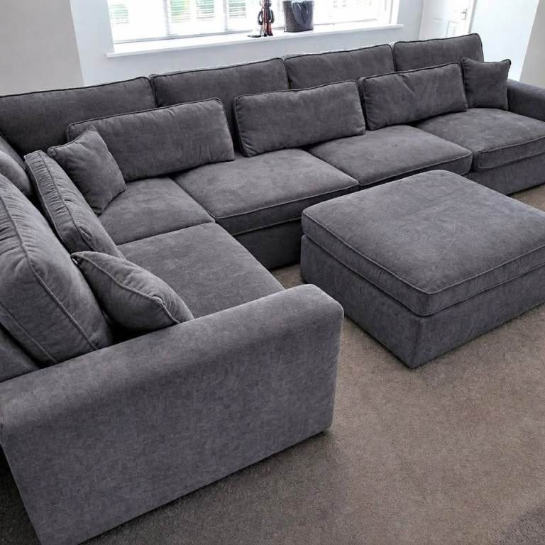 Large Grey Corner Sofa & Ottoman - Modular L-Shape