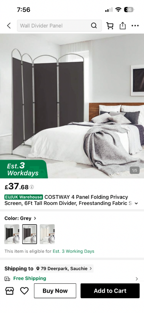COSTWAY 6 Panel Folding Privacy Screen / Room Divider – Grey, 6ft Tall